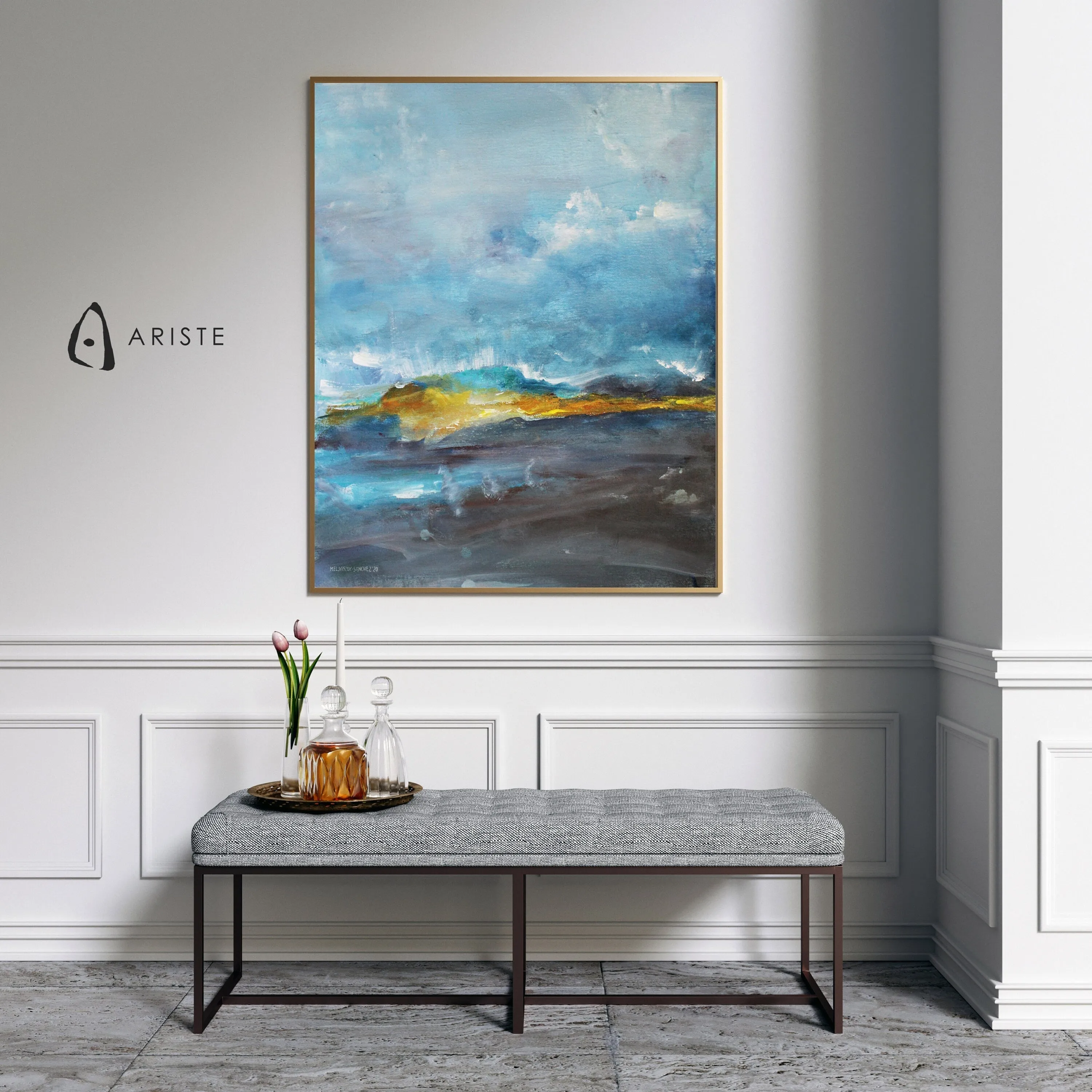 Blue & orange abstract landscape painting made to order in a custom size