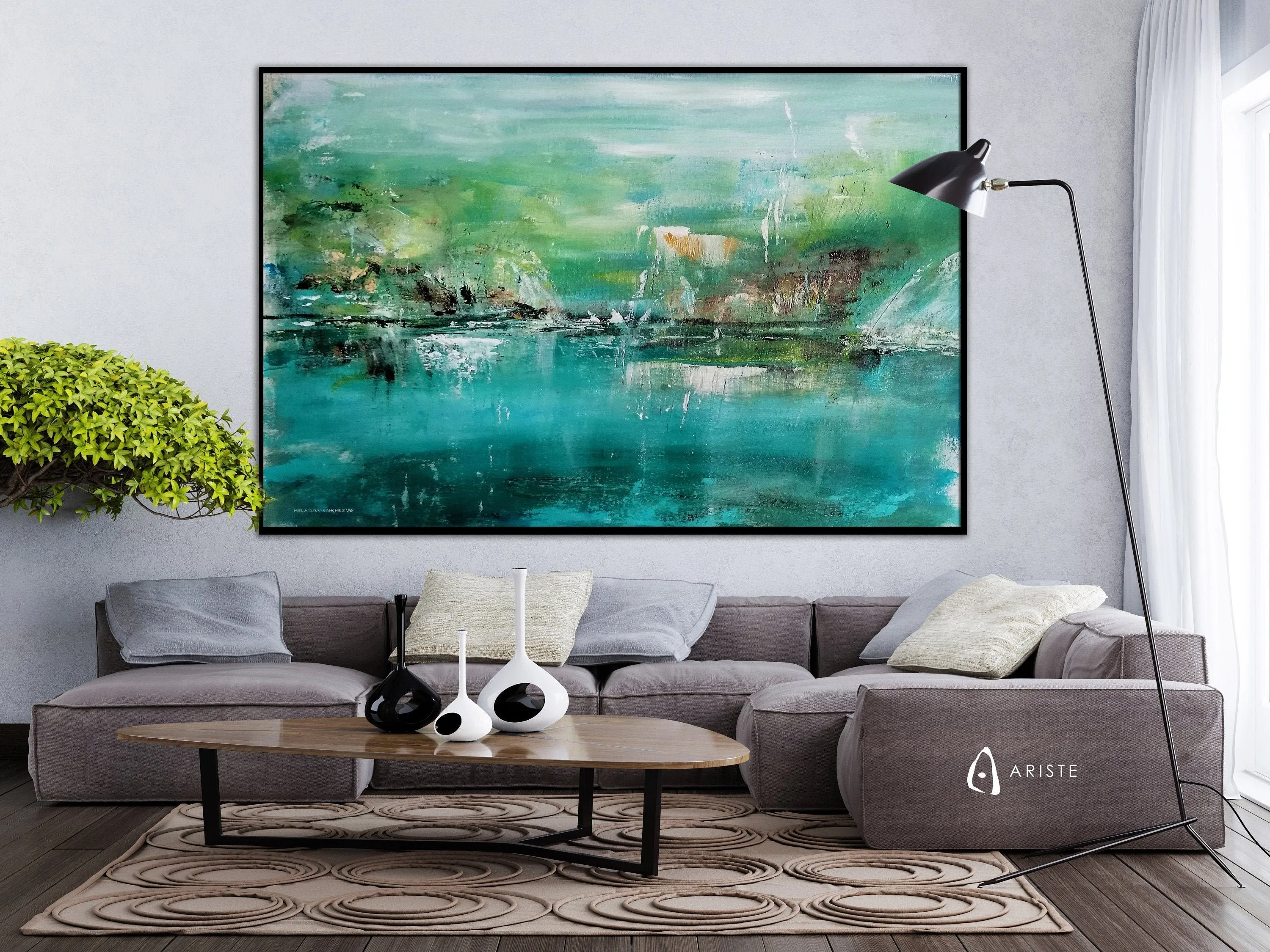 Teal blue & green abstract landscape wall art made to order in a custom size