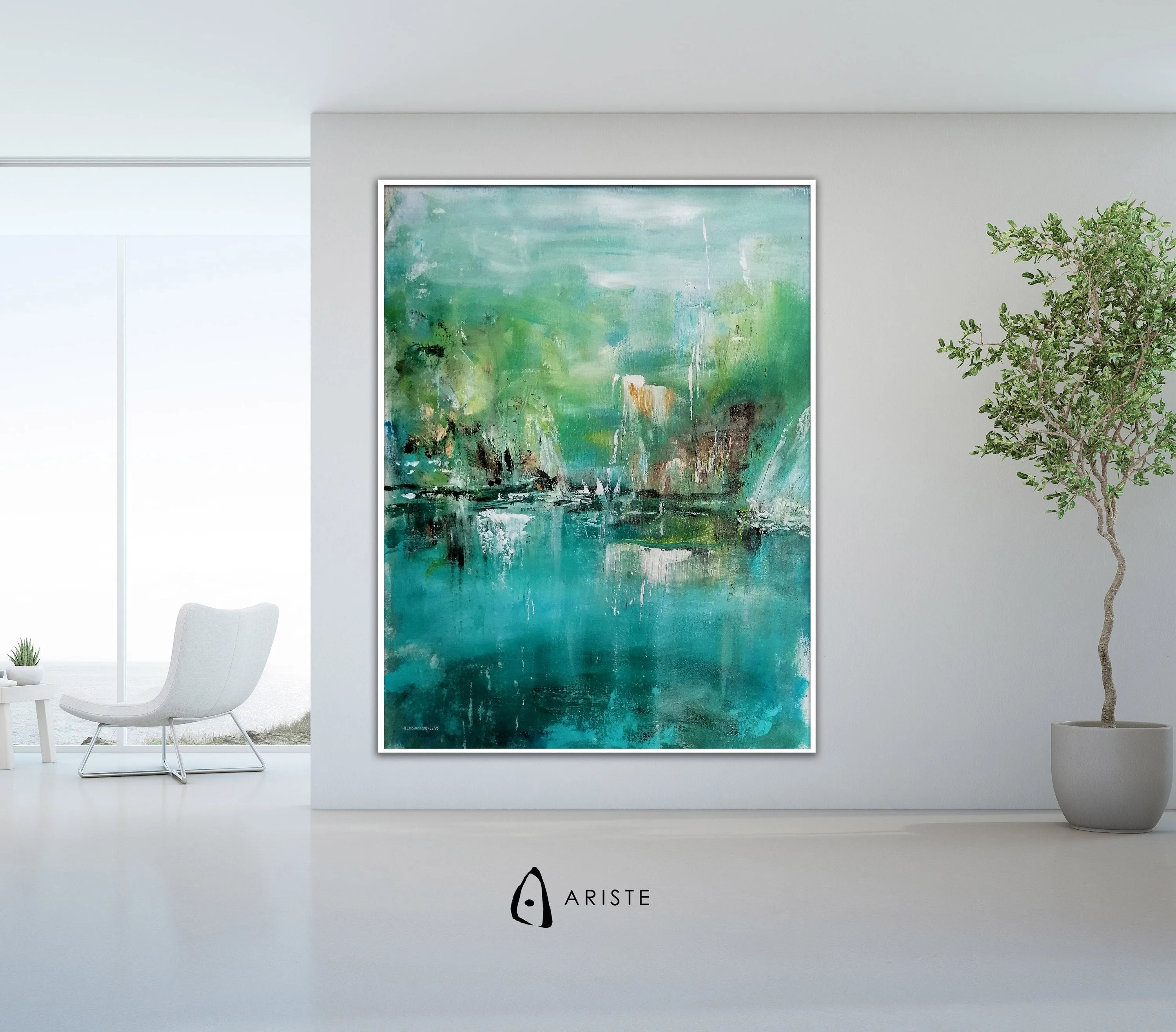 Teal blue & green abstract landscape wall art made to order in a custom size