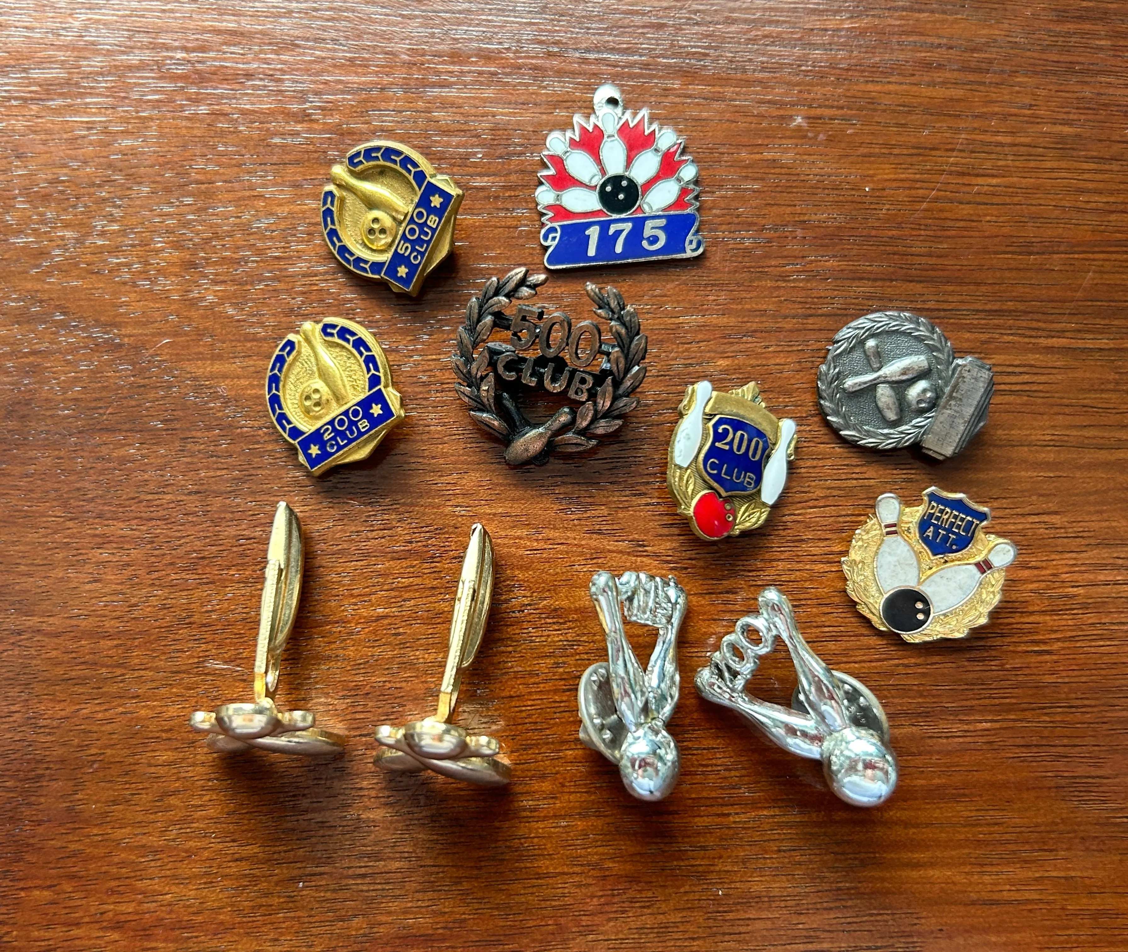 Vintage Bowling Themed Jewelry Lot Cufflinks Broochs Pin Enamel Gold Silver Tone