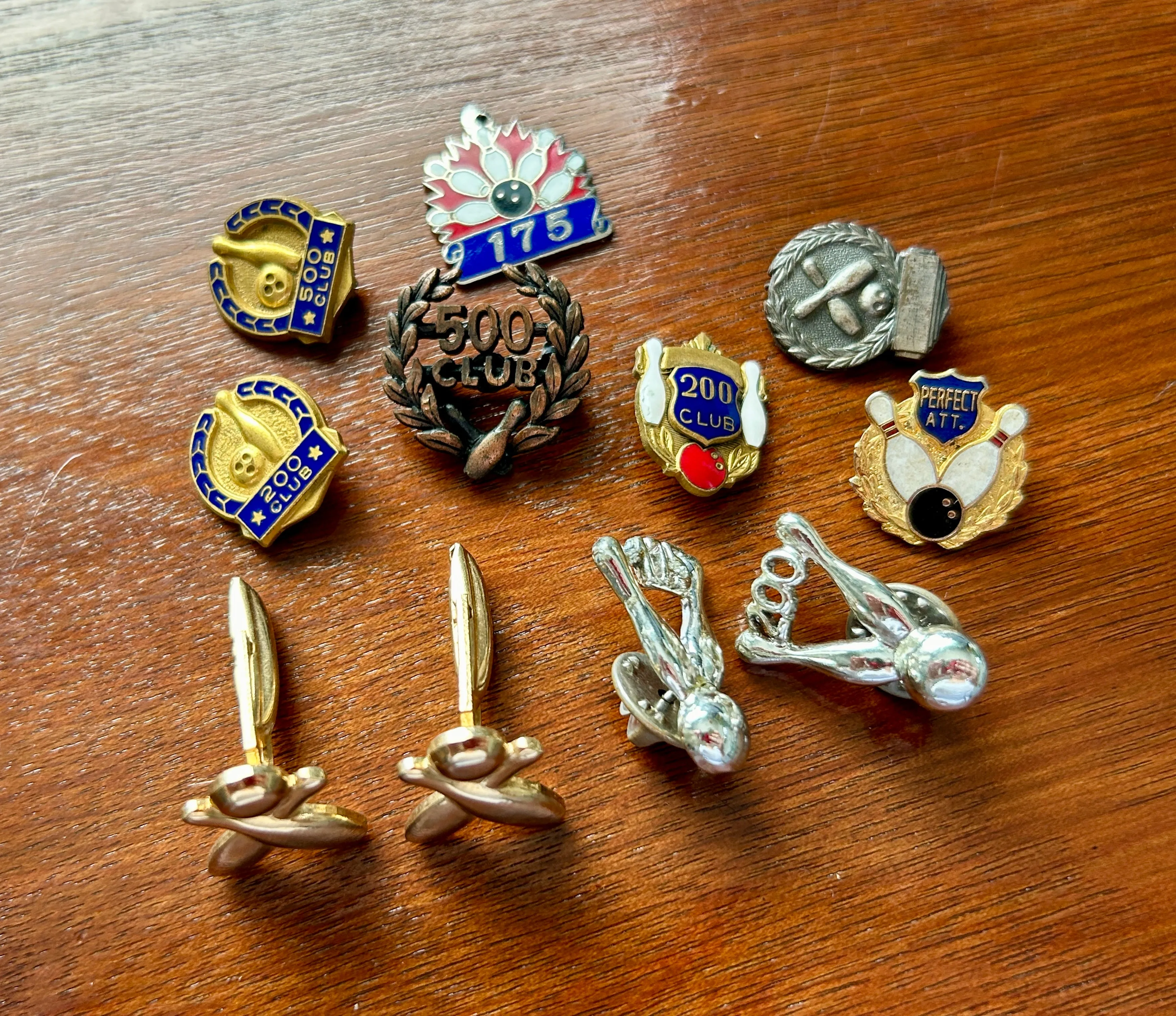 Vintage Bowling Themed Jewelry Lot Cufflinks Broochs Pin Enamel Gold Silver Tone