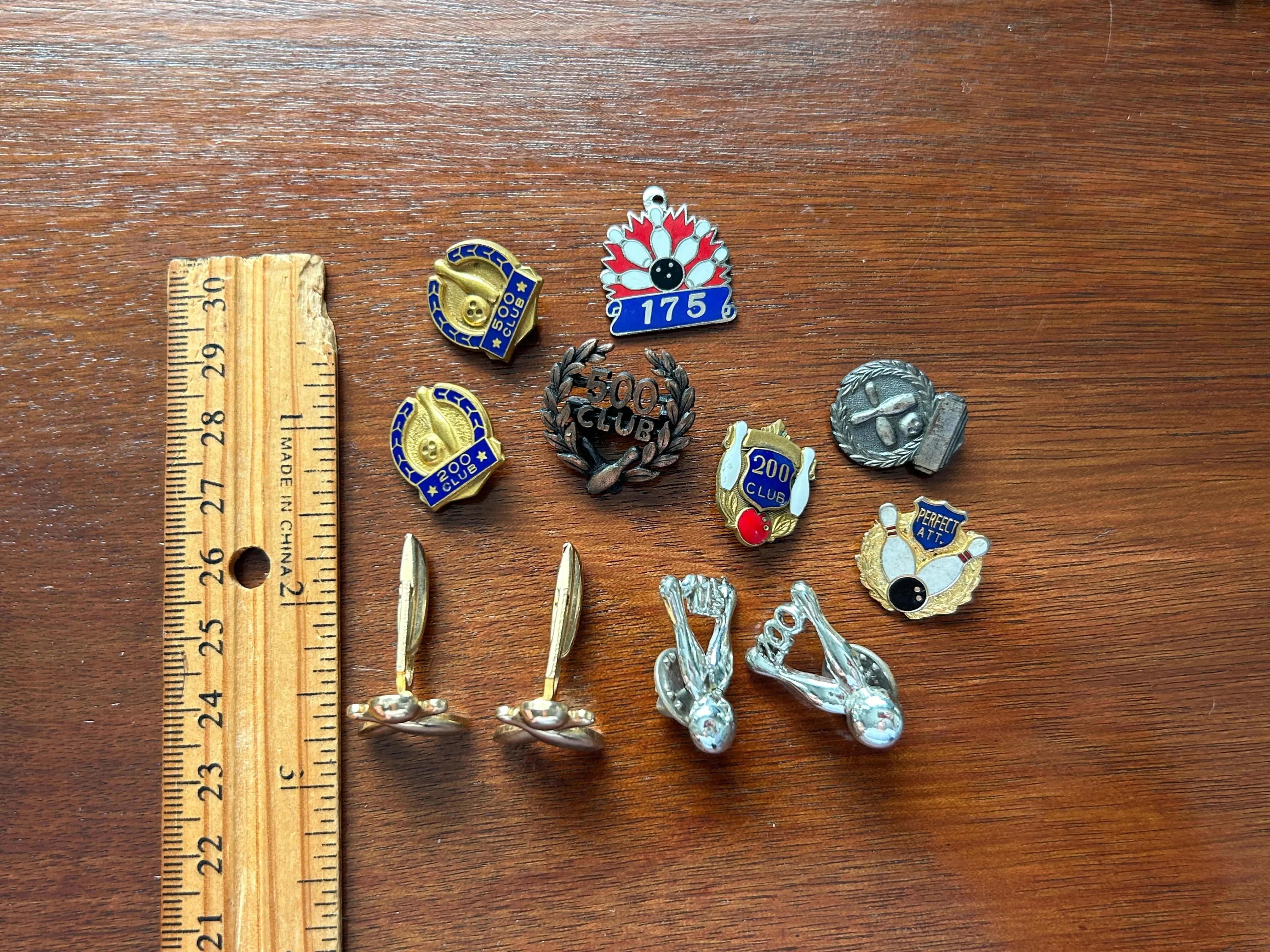 Vintage Bowling Themed Jewelry Lot Cufflinks Broochs Pin Enamel Gold Silver Tone