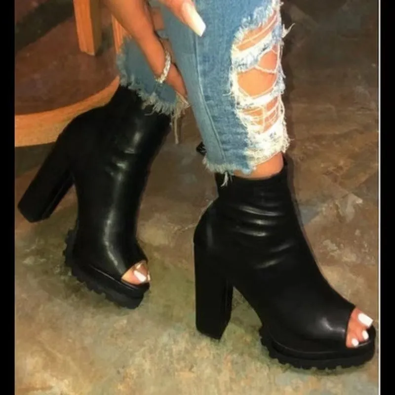 Wholesale sexy black peep-toe thick heel shoes（HH8055）
